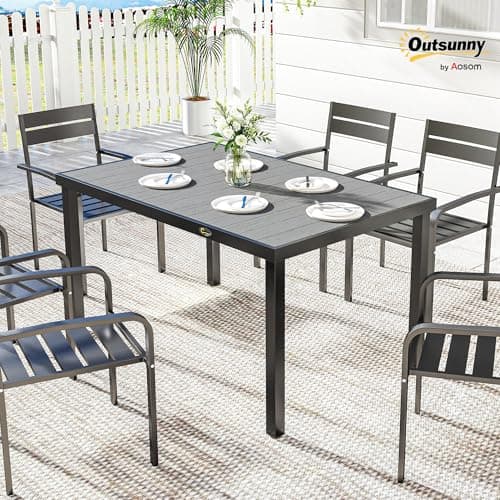 Outsunny 55" Outdoor Dining Table for 6, Rectangular Patio Table with Slatted Wood-Plastic Composite Top and Steel Frame for Garden, Backyard, Deck, Grey — view 2