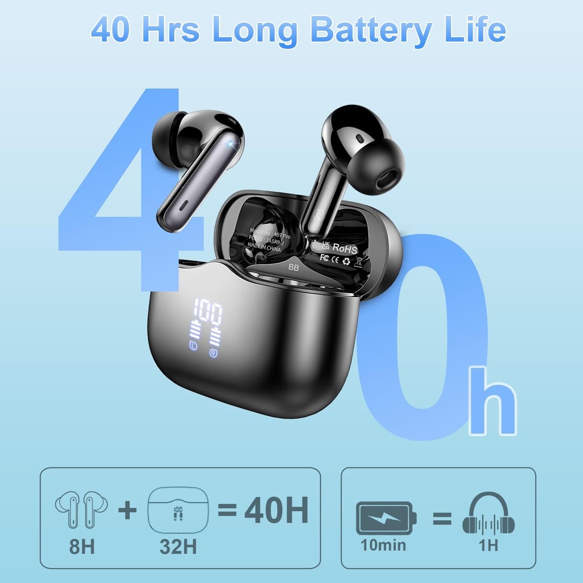 Wireless Earbuds, Bluetooth 5.4 Headphones in Ear with HiFi Stereo Deep Bass, 4 ENC Noise Cancelling Mic Wireless Earphones 40H Playtime, Bluetooth Earbuds Dual LED Display, IP7 Waterproof, USB-C — view 3