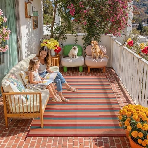 PureCozy Outdoor Waterproof Patio Rug 5x8 Plastic Straw Reversible Outside Orange Red Colorful Stripe Carpet Lightweight Large Rug for Camping RV Porch Deck Balcony Beach — view 3