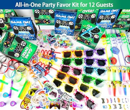 208Pcs Video Game Party Favors Pack for 12 Guest, Gamer Goodie Bag Stuffers for Kids Boys, Gaming Theme Birthday Party Decorations Supplies & Pinata Fillers