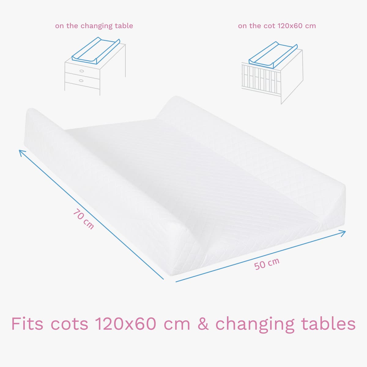Baby Hard Base Changing Mat/Top Changer 70x50 cm fits 120x60 cm Cot Unisex Wedge Anti Roll Nappy Newborn Baby Waterproof Changing Mat with Raised Edges (Caro White) — view 4