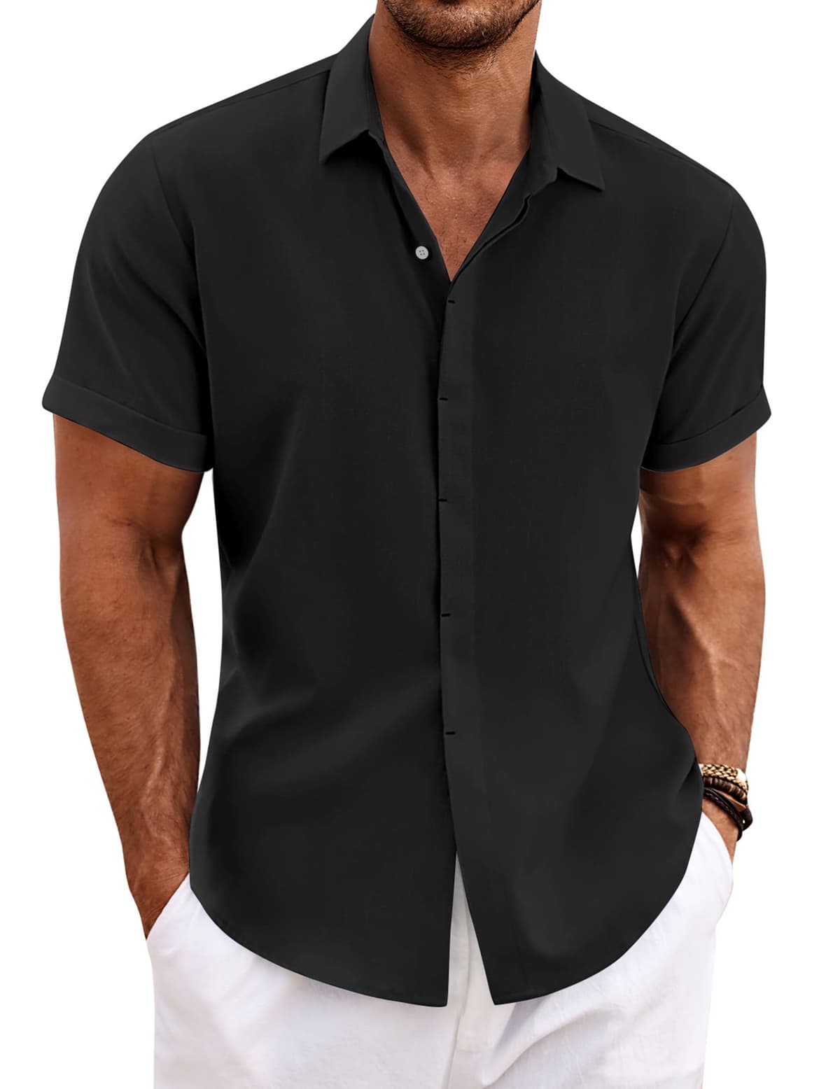 COOFANDY Men's Linen Shirts Short Sleeve Casual Shirts Button Down Shirt for Men Beach Summer Wedding Shirt — view 12