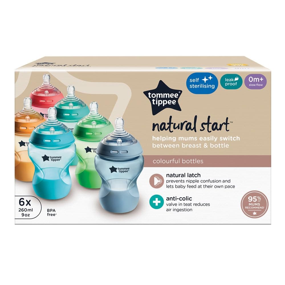 Tommee Tippee Natural Start Baby Bottles for 0m+, Pack of 6 260ml Baby Bottles, with Slow Flow Breast-Like Teat for a Natural Latch, Self-Sterilising and BPA Free, Baby Feeding Essentials, Colourful — view 2
