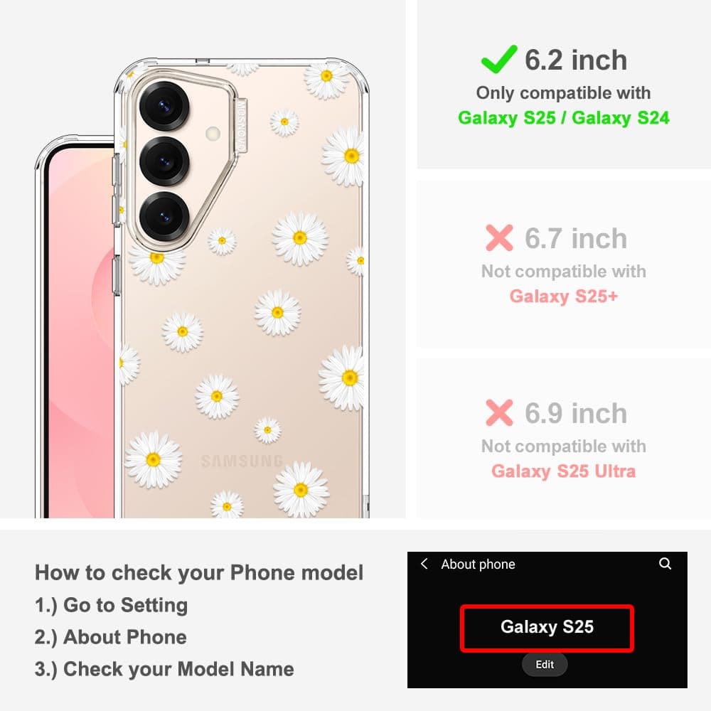 MOSNOVO Case for Samsung Galaxy S25 / Galaxy S24, [Buffertech 6.6ft Military-Grade Drop Protection] [Anti Peel Off Tech] Clear TPU Bumper Phone Case Cover Design - White Daisy — view 2