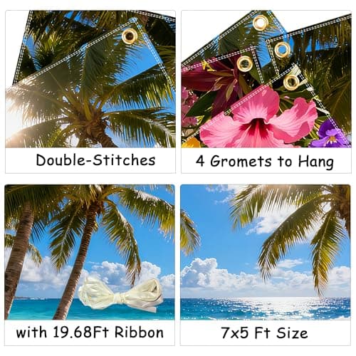 7x5ft Summer Hawaiian Beach Backdrop Tropical Backdrop Palm Leaves Flowers Background Luau Party Decorations Aloha Banner with 19.68ft Ribbon — view 3
