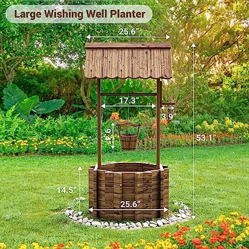 UDPATIO Wishing Wells for Outside, Wooden Wishing Well Planter for Yard, Upgrade Wishing Well with 4 Reinforced Rod & Hanging Bucket for Garden Patio Lawn Backyard Home Decor