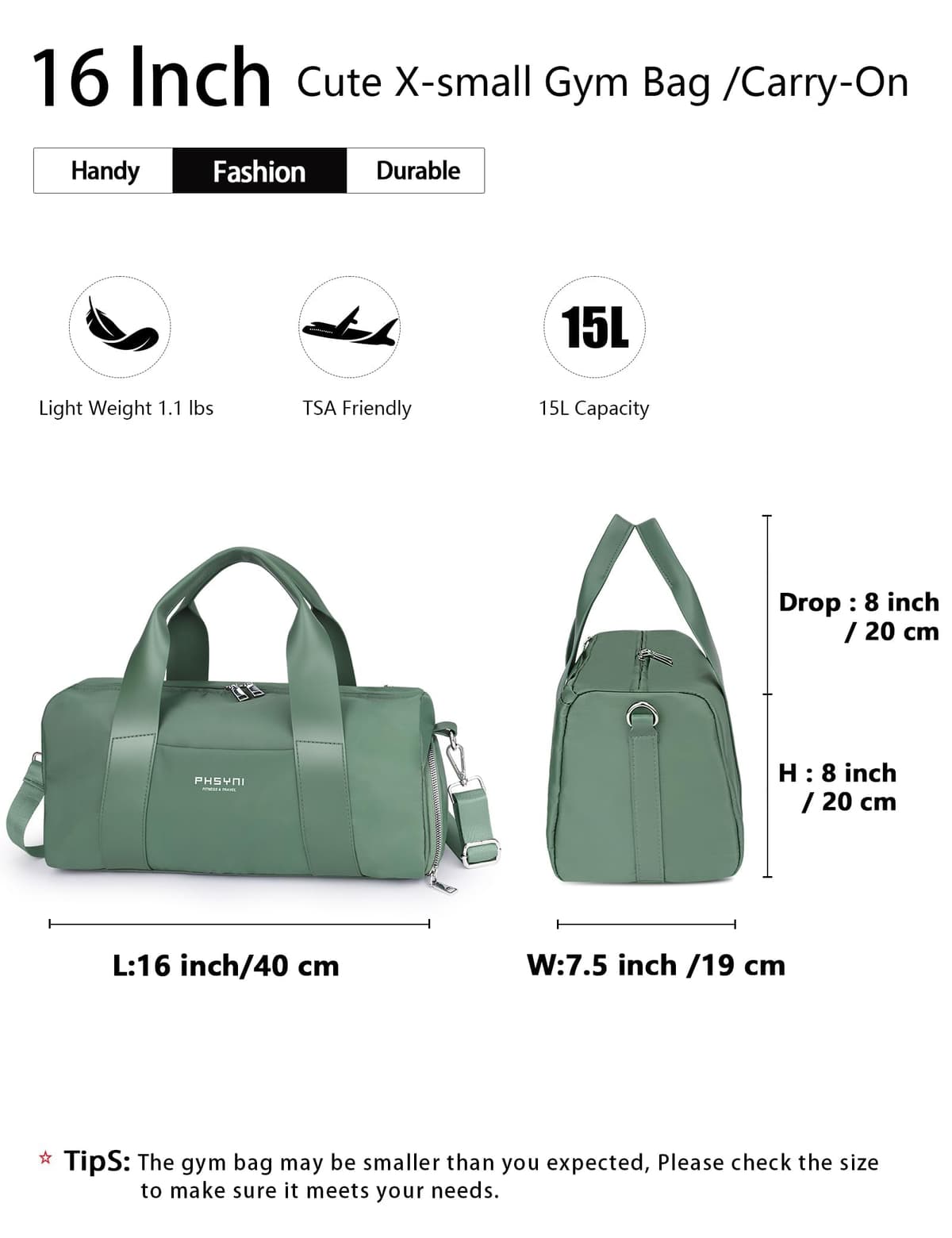 Pequeña Bolsa De Deporte para Mujeres, Niñas y Niños,Diseño para Fitness,Entrenamiento, Baile, Ballet, Natación con Zapatero Independiente y Bolsillo Impermeable(Verde,40x19x20 cm,15L) — view 2