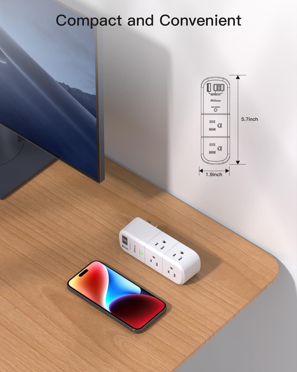 PD20W USB Outlet Extender Surge Protector - with Rotating Plug, 6 AC Multi Plug and 3 USB Ports (2 C), 3-Sided Swivel Power Strip Spaced Splitter for Home, Office, Travel — view 5