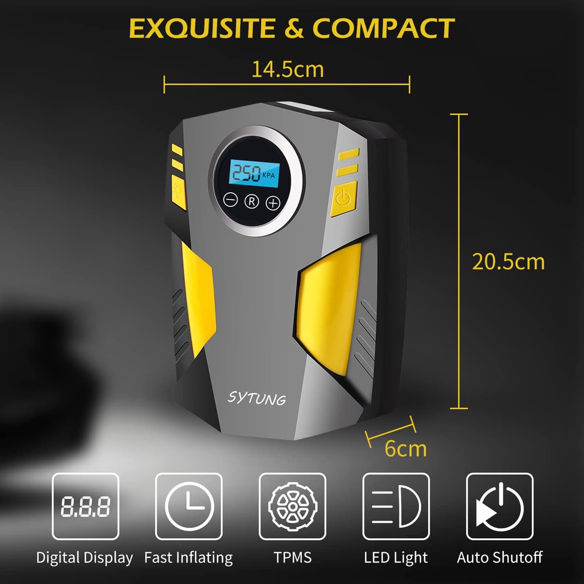 SYTUNG Digital Tyre Inflator, Portable Air Compressor Car Tyre Pump with 3 Nozzle Adaptors and Digital LED Light, 12V Rapid Tyre Inflator Air Compressor for Car Tires and Other Inflatables — view 3