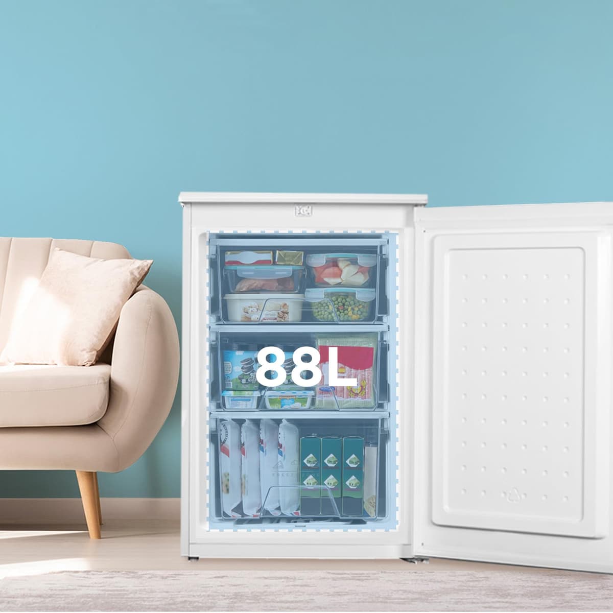 COMFEE' RCU83WH3EU(E) Congelador vertical independiente 88 Litros, 3 cajones, Congelador de gran capacidad, Termostato ajustable, Puerta reversible, Blanco — view 3