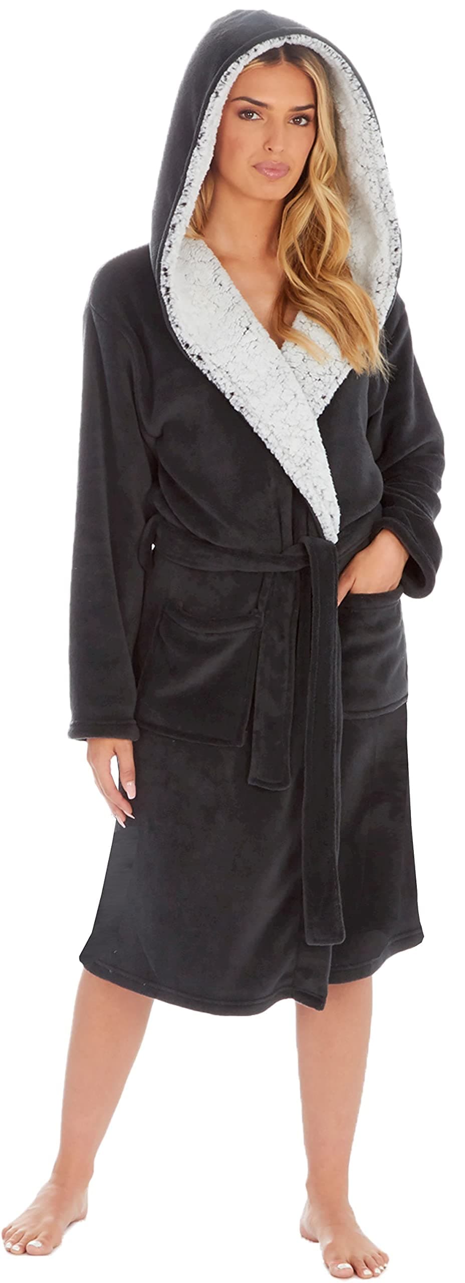 KATE MORGAN Ladies Dressing Gown Fluffy Super Soft Hooded Bathrobe for Women Plush Fleece Perfect Loungewear Long Robe | Gifts for Women — view 12