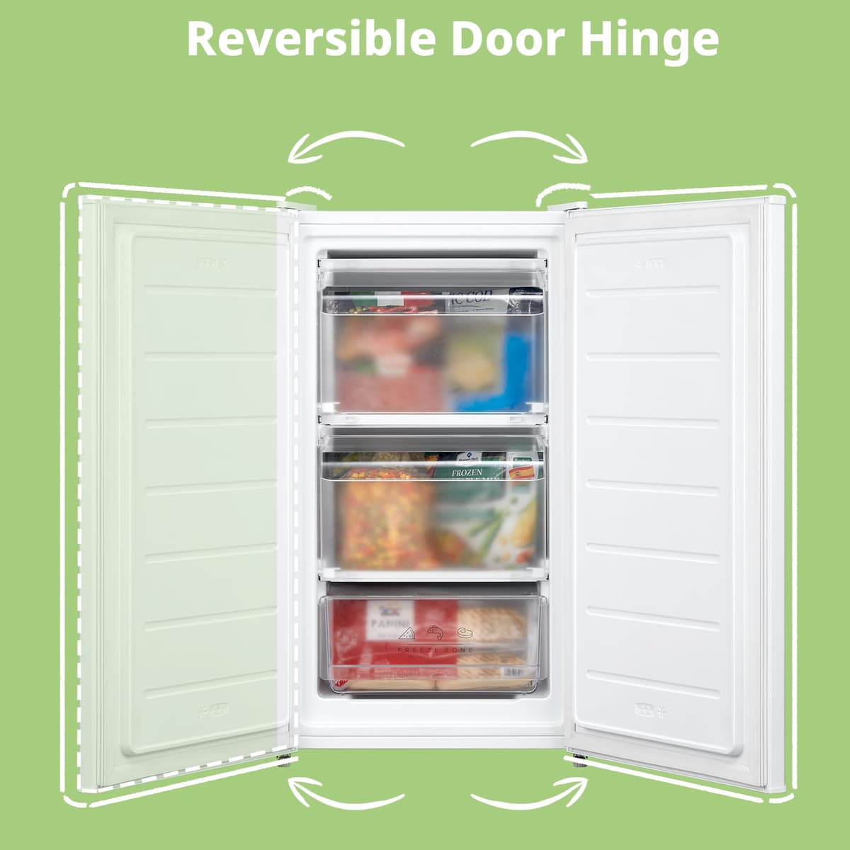 COMFEE' RCU60WH2(E) 60L Freestanding Under Counter Upright Freezer, 4-Star Freezer up to -24°C, 3 Storage Compartmen, Adjustable Thermostat, Reversible Door, White — view 9