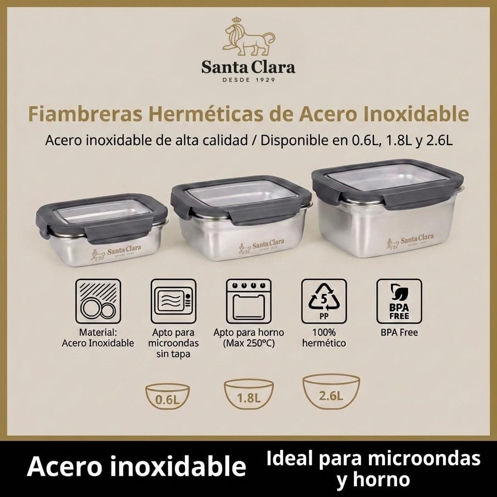 INDE SANTA CLARA | Fiambrera de Acero Inoxidable 1.8L Hermética para Microondas, Tapa Plástica con 4 Cierres, Apta para Horno, Tupper Acero Inoxidable, Lunch Box, Termo Comida Caliente — view 4
