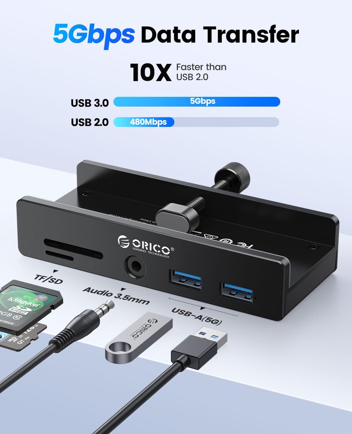ORICO USB Hub 3.0, Clamp USB Hub with Extra Power Port, Aluminum USB C Adapter with 2 USB-A Data Ports,3.5mm AUX, SD/TF Card Reader for Desktop(Black) — view 5
