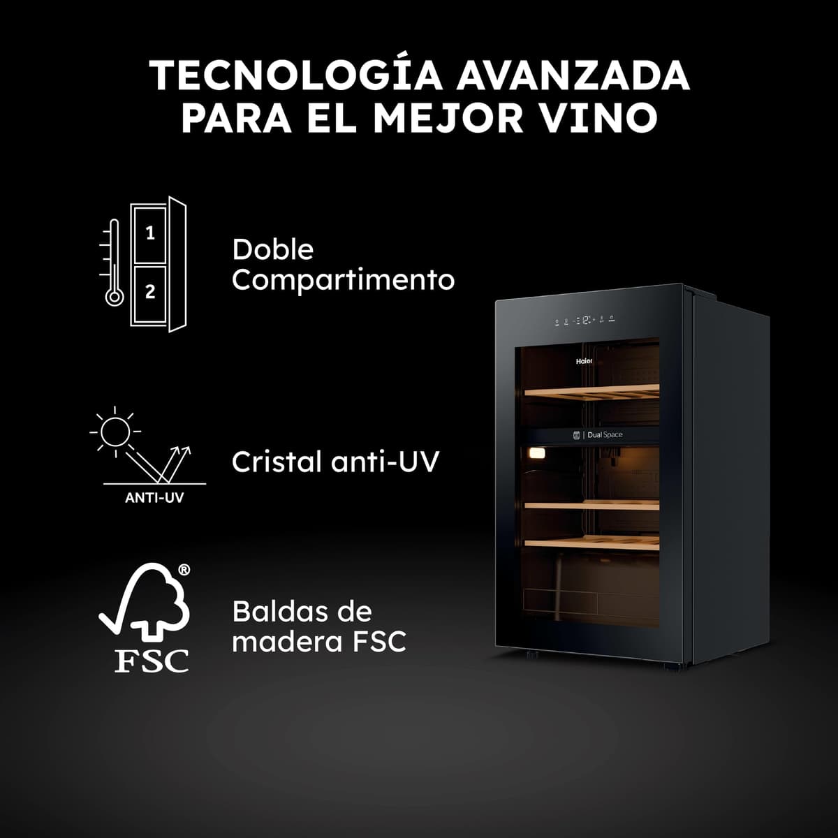 Haier Wine Bank 50 Series 5 HWS32GDG Vinoteca de 32 botellas, 2 Zonas independientes, Estantes de madera, Filtro Anti-UV, Sistema Antivibración, Display Digital, Iluminación LED, 37 dbA, Negra — view 2
