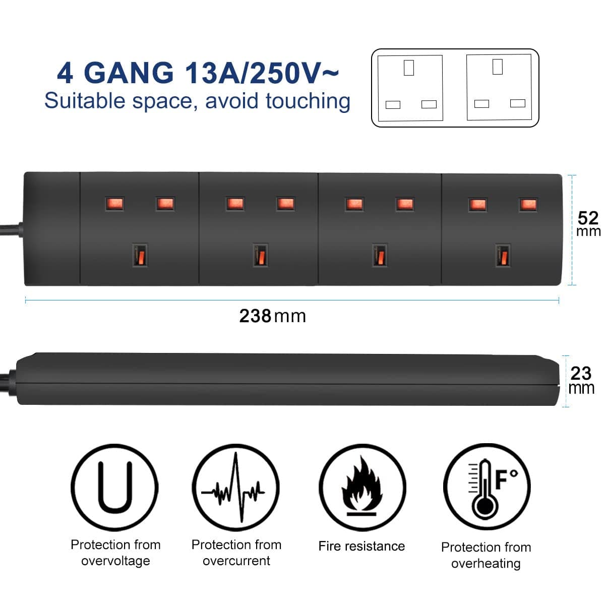 ExtraStar 4 Way Extension Lead, 13A Fused UK Plug Extension Socket, 5M Extension Cable Power Strip - Black — view 2