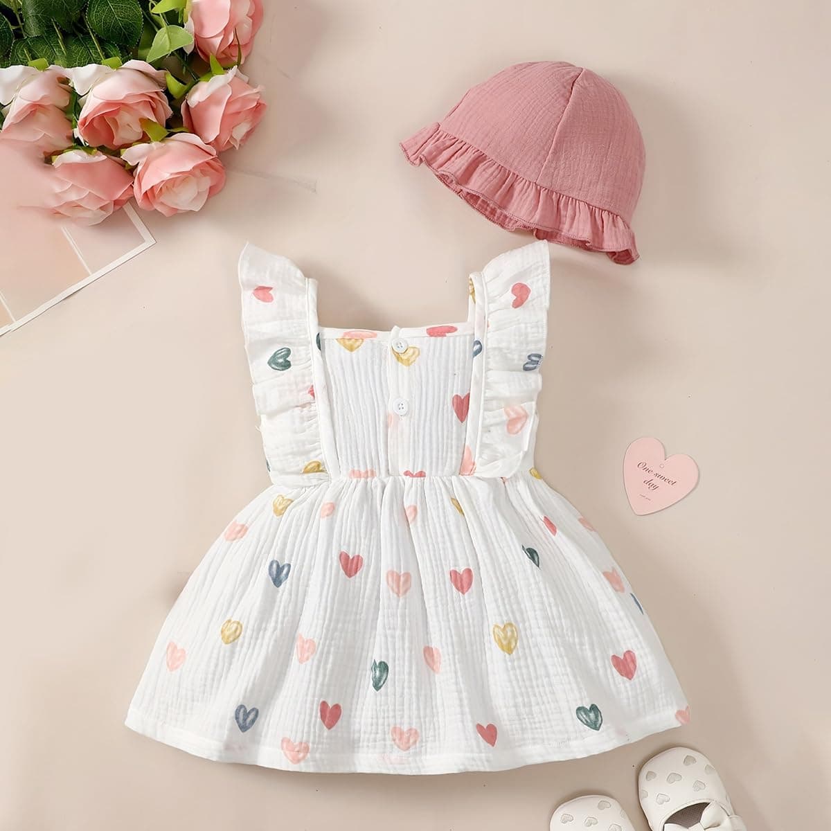 Conjunto Vestido y Gorro para Niña Pequeña Mangas con Volantes Estampado de Corazones/Flores de Algodón Lino Ropa de Primavera Verano — view 2