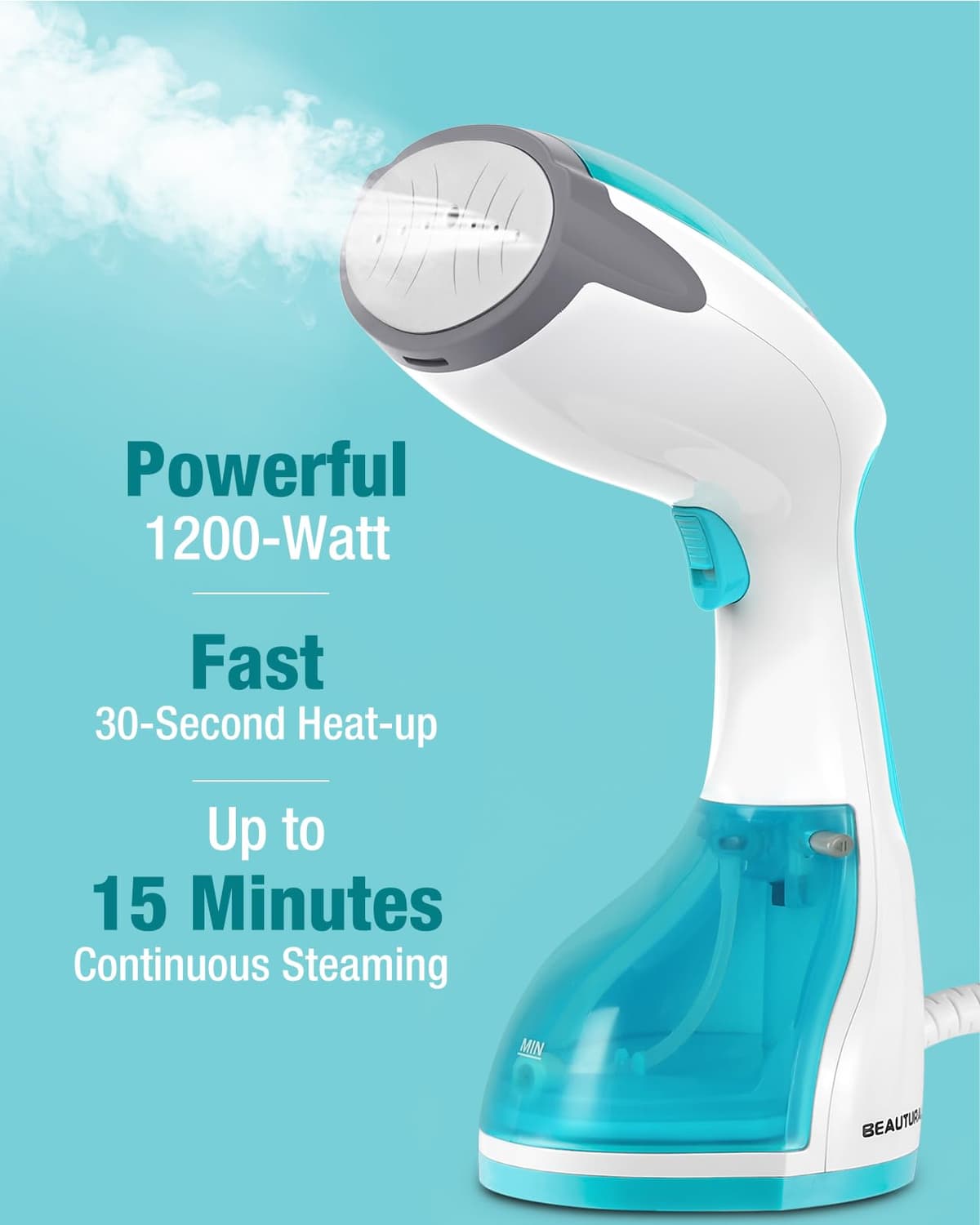 BEAUTURAL Clothes Steamer, Portable Handheld Steamer, Garment Fabric Wrinkles Remover, 30-Second Fast Heat-up, Auto-Off, Large Detachable Water Tank, Azul — view 3