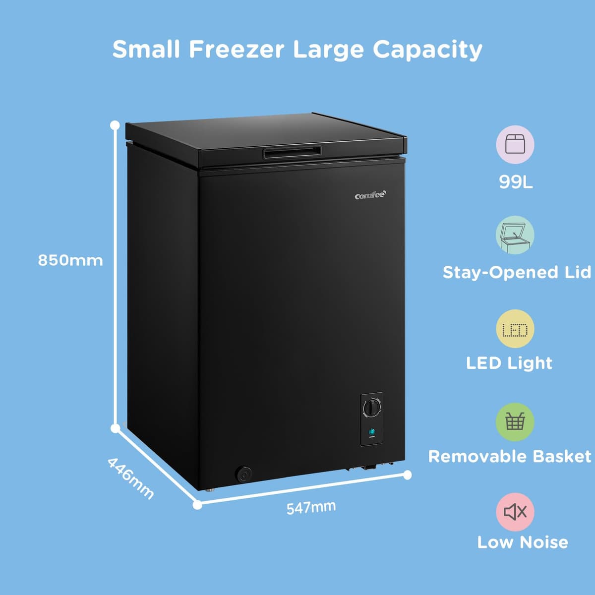 COMFEE' RCC102BL2UK(E) 99L Freestanding Chest Freezer, Refrigeration and Freezer Conversion, Inverter Compressor, 4 Star Freezer Rating, Quiet 38dB, Suitable for Outbuildings & Garages, Black — view 2