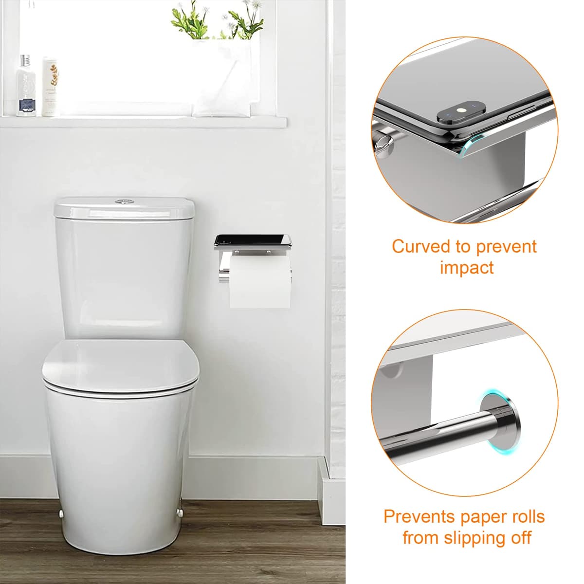 Ibergrif MK34053 - Portarrollos Adhesivo Sin Tapa de Papel Higiénico con el Teléfono Móvil Estante de Almacenamiento, Plata, Acero Inoxidable — view 2