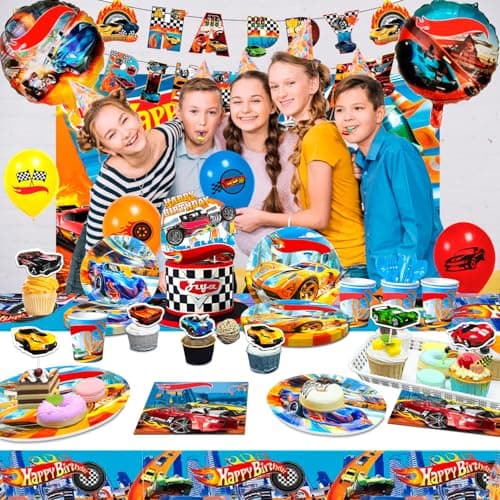 10 Guests Racing Birthday Party Tableware, Hot Car Party Plates Napkins Wheels Balloons Banner Backdrop Cake Toppers etc for Racing Hot Car Birthday Party Decorations Supplies — view 5