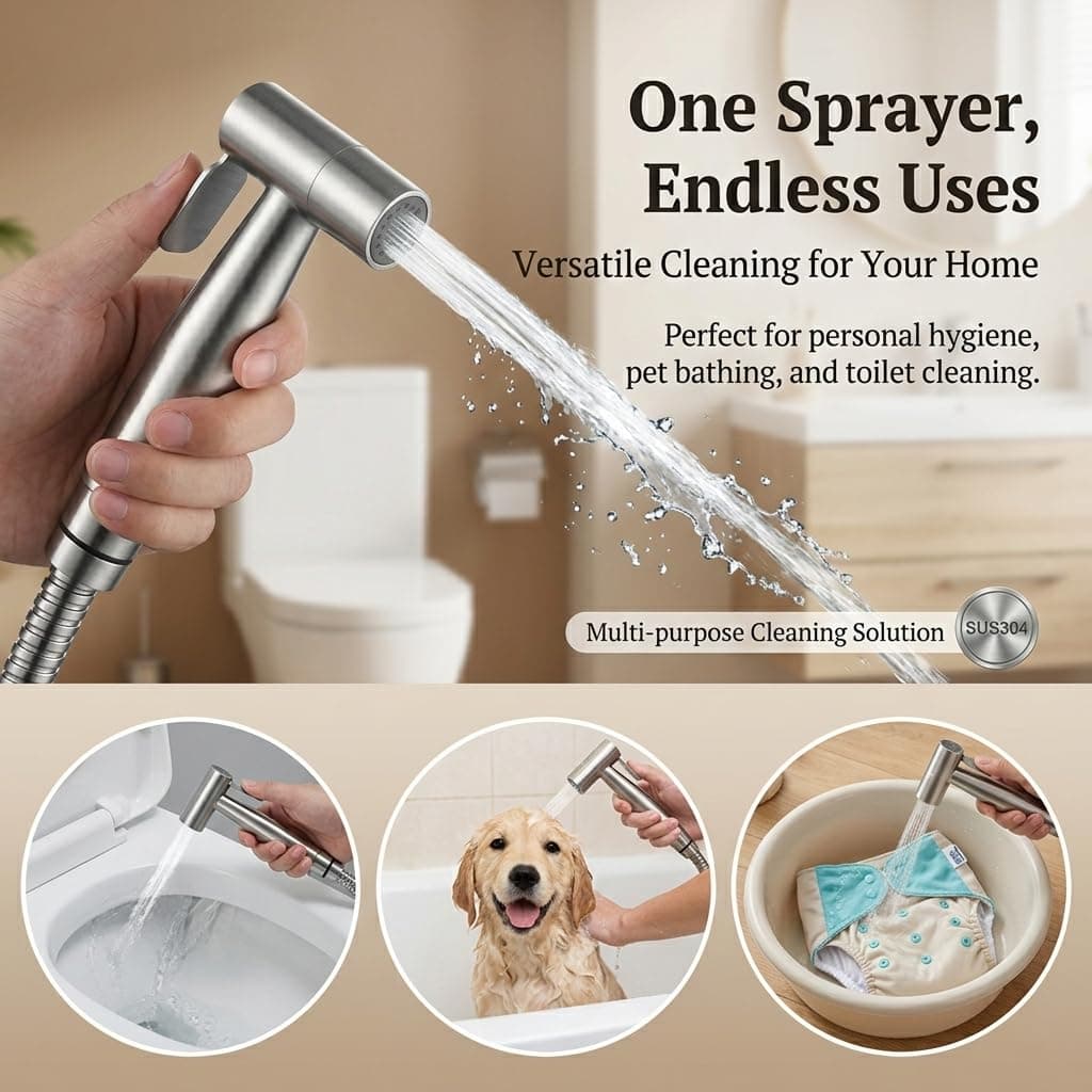 Grifo Bidet para WC Ducha Higiénica de Acero Inoxidable con Manguera 1.5m, para Higiene Personal y Limpieza de Mascotas Incluye Adaptador G1/2 (Acero) — view 3
