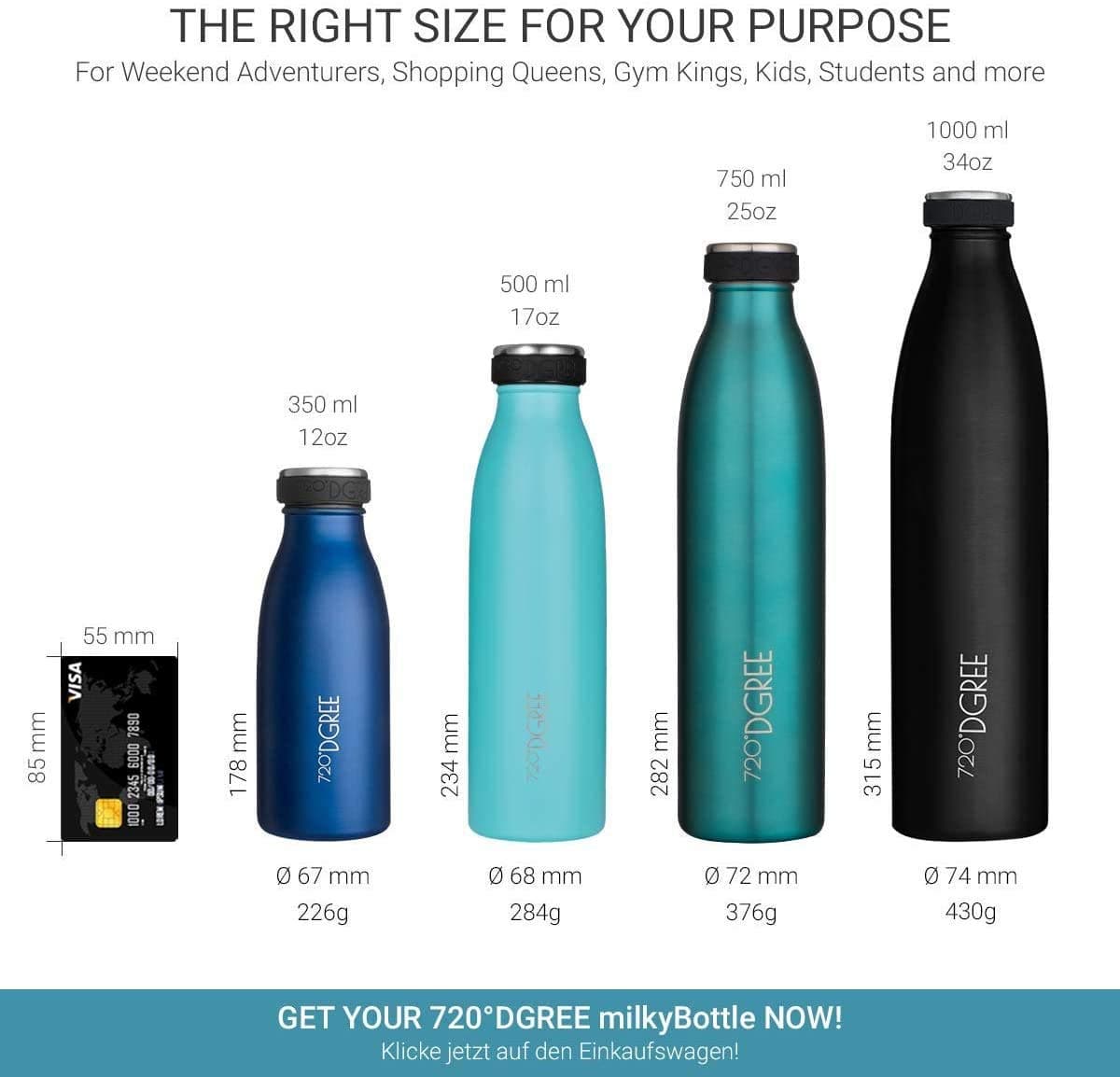 720°DGREE Botella Agua Acero Inoxidable “milkyBottle“ – 1litro - Sin BPA Free, Antigoteo y Prueba de Fugas - Frasco térmico, Cantimplora Aislada - Bebida con Gas, Deporte, Escuela, Gimnasio Exteriore — view 77