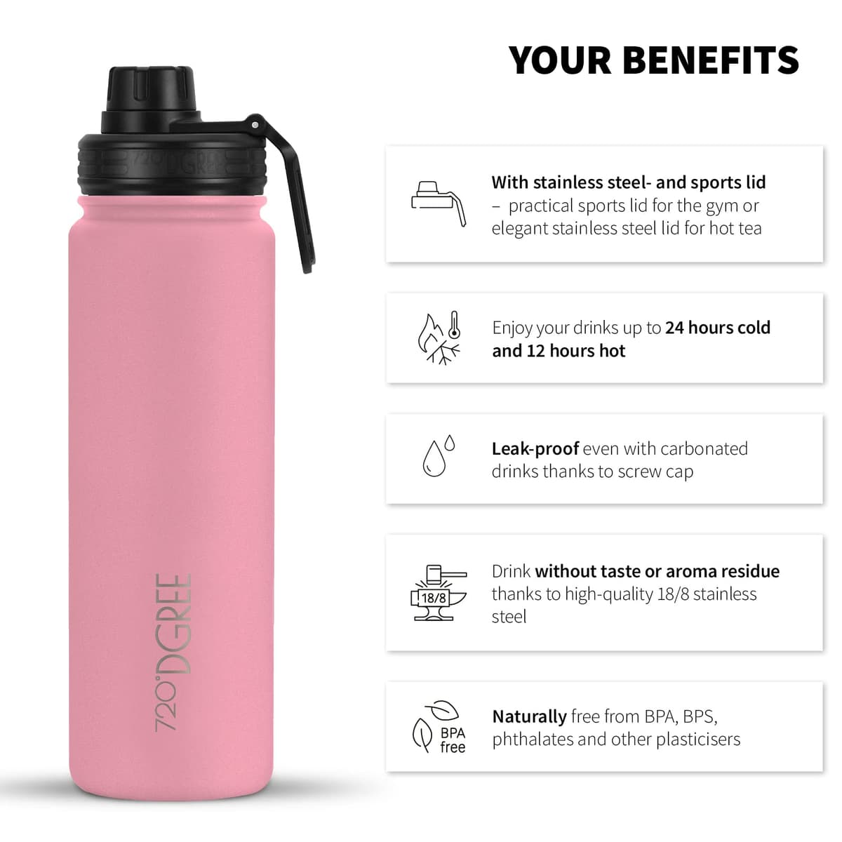 720°DGREE Botella Agua Termo Acero Inoxidable “noLimit“ – 410ml, 530ml, 710ml, 950ml, 1200ml - Sin BPA Free, Antigoteo y Prueba de Fugas - Frasco térmico, Cantimplora Aislada +Cubierta Deportes Gratis