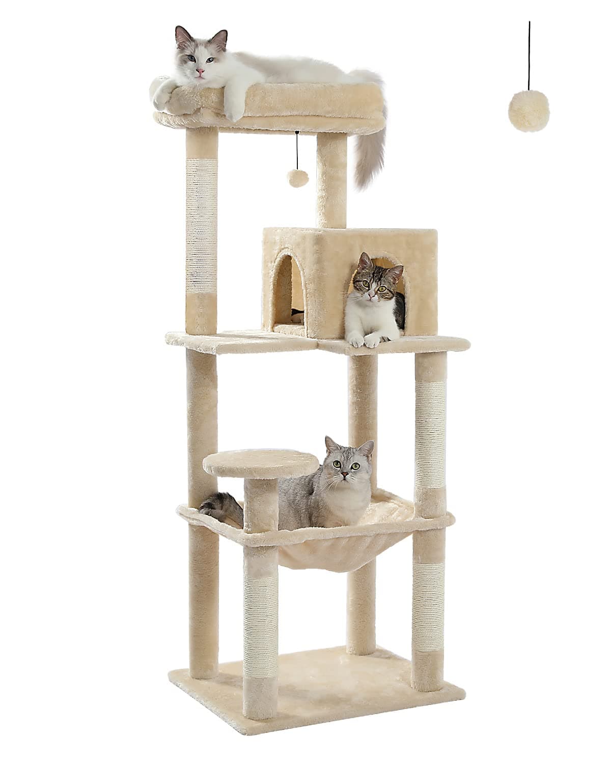 PAWZ Road 143cm Cat Tree for Indoor Cats with Metal Frame Large Hammock, 56.3 Inches Big Cat Tower with Scratching Posts and Top Perch, 4.7ft Multi-Level Activity Center with Replaceable Pompon, Beige