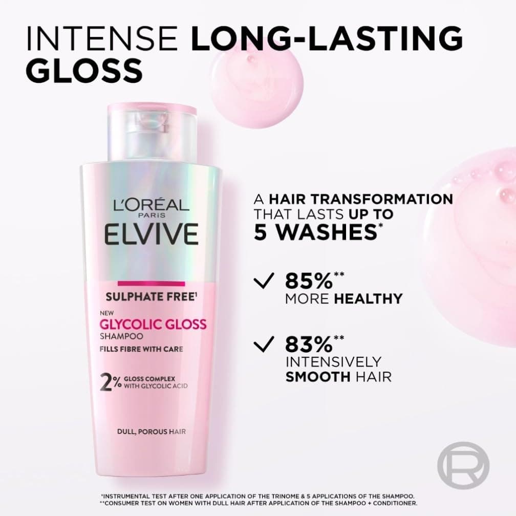 L'Oreal Paris Elvive Glycolic Gloss Shampoo, With Gloss Complex and Glycolic Acid, Fills and Seals Hair Fibres, For Long-lasting, Smooth and Shiny, Sulphate Free, Ideal for Dull Hair, 200ml — view 3