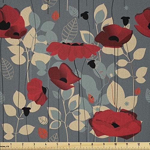 Ambesonne Poppy Flower Fabric by The Yard, Abstraction of a Growing Floral Garden Leaves Botanical Modern Nature, Microfiber Fabric for Arts and Crafts Textiles & Decor, 2 Yards, Blue Orange Coral
