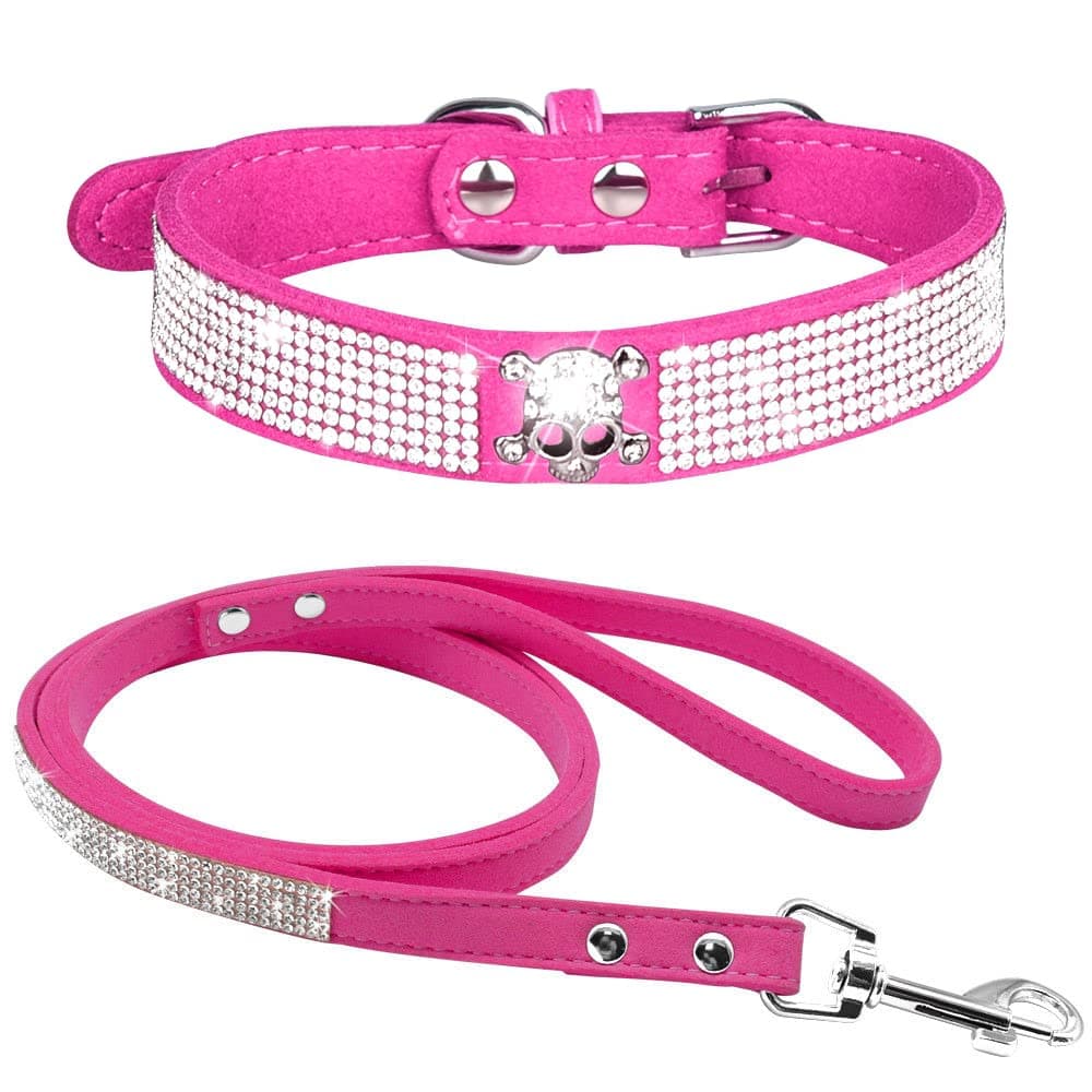Cute Dazzling Sparkling Elegant Fancy Soft Suede Leather Bling Rhinestone Crystal Jeweled Pet Cat Dog Puppy Collar Dog Leash Combo Set (S, Black-2) — view 35