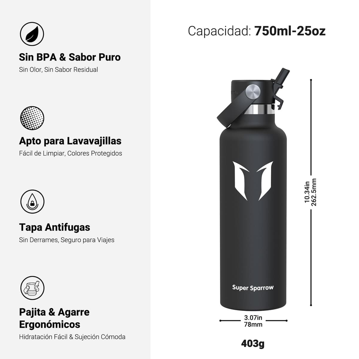 Super Sparrow Botella Agua Acero Inoxidable - Botella Termica - 350ml, 500ml, 750ml, 1L, 1.2L - Termo Sin BPA, Botella Agua Niños, para Deporte, Viaje, Escuela, Exterior, Oficina, Hogar — view 3