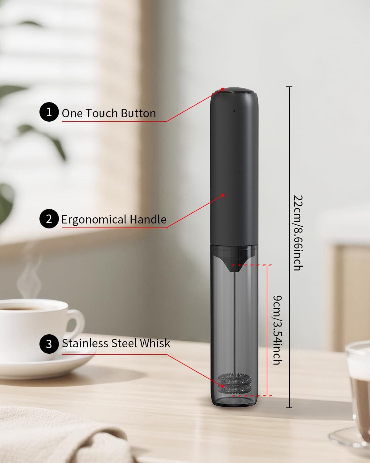 CIRCLE JOY Electric Milk Frother Handheld, Rechargeable Coffee Frother with Dual Spring Whisk, Portable Hand Frother Wand Drink Mixer for Coffee, Hot Chocolate, Cappuccino, Frappe, Matcha, Black — view 2