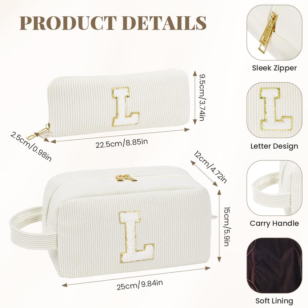 Set Neceser Mujer Personalizado Inicial, 2 piezas Neceser de Maquillaje de Pana, Bolsa de Cosméticos de Viaje, Bolsa de Aseo con Letra, Regalo para Mamá Mujeres Novias Mejores Amigas (Beige - L) — view 2