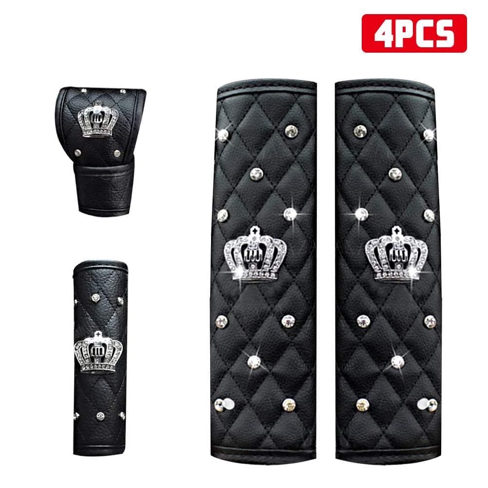 eing 2PCS PU Leather Car Seat Belt Cover Shoulder Seatbelt Pad with Bling Rhinestones Crown for Adults Youth,Black — view 7