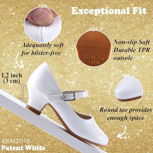 EIGHT KM Girls High Heel Dress Shoes Mary Jane Princess Wedding Party Pump Shoes EKM7015 Patent Leather White Size 2.5 US Big Kid — view 3