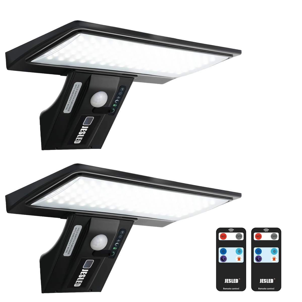 JESLED Luz Solar Exterior, 2 Paquete 90 LED, Foco Potente con Sensor de Movimiento, Impermeable con 4 Modos Inteligentes para Jardín, Patio, Camino, Escalera