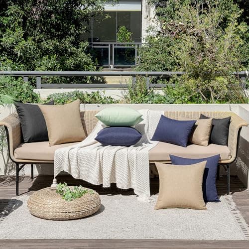 MIULEE Pack of 2 Decorative Outdoor Solid Waterproof Throw Pillow Covers Polyester Linen Garden Farmhouse Cushion Cases for Patio Tent Balcony Couch Sofa 18x18 inch Light Tan — view 4