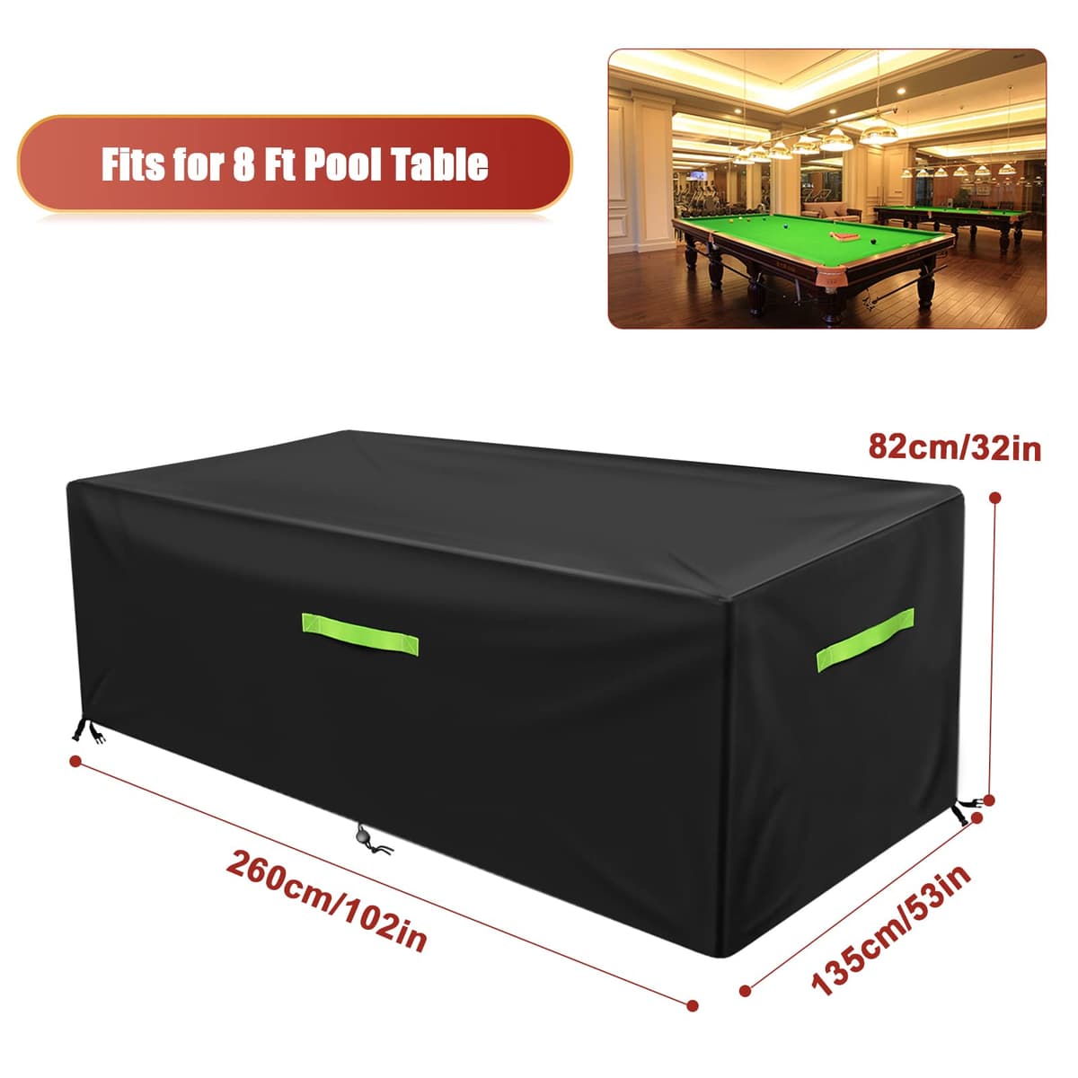 GEMITTO Funda para Mesa de Billar de 7/8/9 pies, Cubierta de Billar Resistente al Agua, Tela de poliéster para Mesa de Billar de Billar de Billar, 260 x 135 x 82 cm — view 2