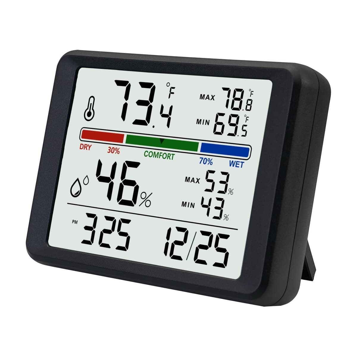 Digital Thermometer Hygrometer, Plumeet Indoor Wall Thermometer with Backlight, Digital Alarm Clock, Date, Air Comfort Indicator, Max Min Record, Desktop Thermometer for Home, Black