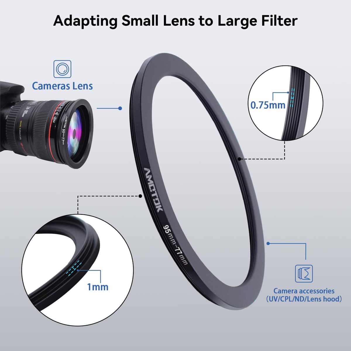95mm a 77mm Adaptador de Lente de,Anillo Reductor de Filtro de 95mm a 77mm,Compatible con Todos los Accesorios de Filtro de 77mm.Hecho de mecanizado CNC — view 4