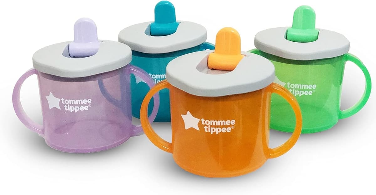 Tommee Tippee First Cup, 190ml, Non-Spill Sippy Cup for Babies 4 Months+, with Free-Flow Flip-Down Spout and Easy to Hold Handles, Orange, Blue and Green, 3 Pack — view 6