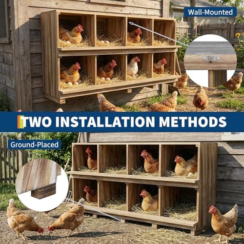 8-Hole Wood Chicken Nesting Box, Large Poultry Nesting Boxes with Perches & Baffles, Durable Wooden Nest Box for Hens, Ducks, Quails, Wall-Mount or Freestanding Coop Accessories for Backyard — view 2