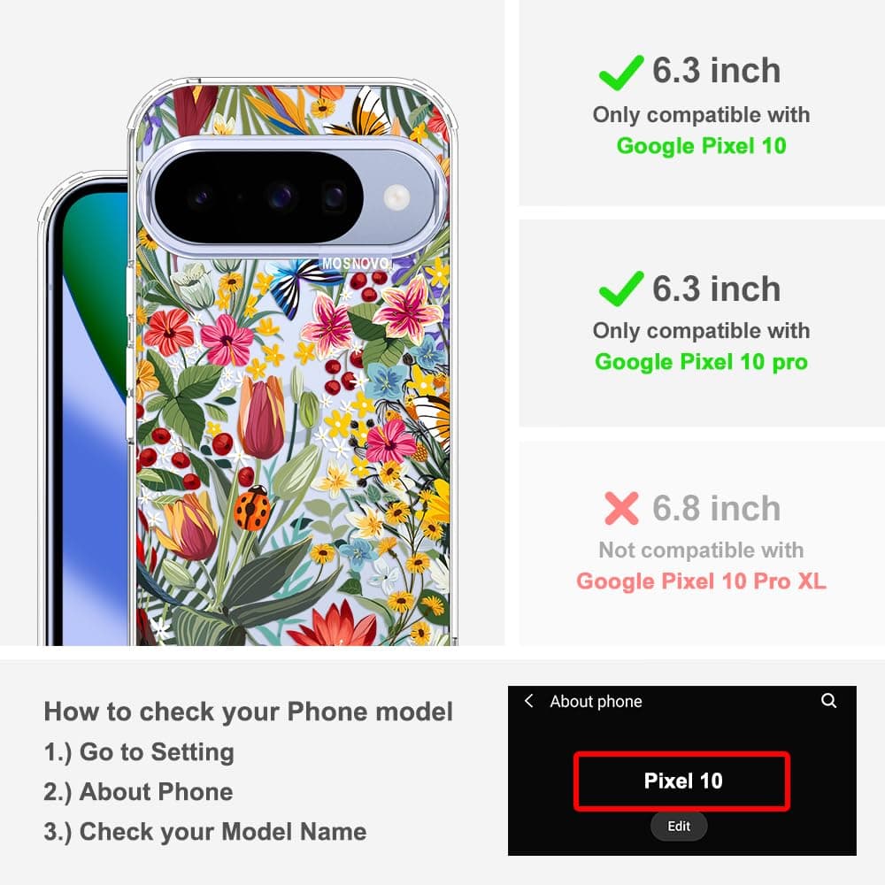 MOSNOVO Case for Google Pixel 10 & Pixel 10 Pro, [Buffertech 6.6ft Military-Grade Drop Protection] [Anti Peel Off Tech] Clear TPU Bumper Phone Case Cover Design - in The Garden — view 2