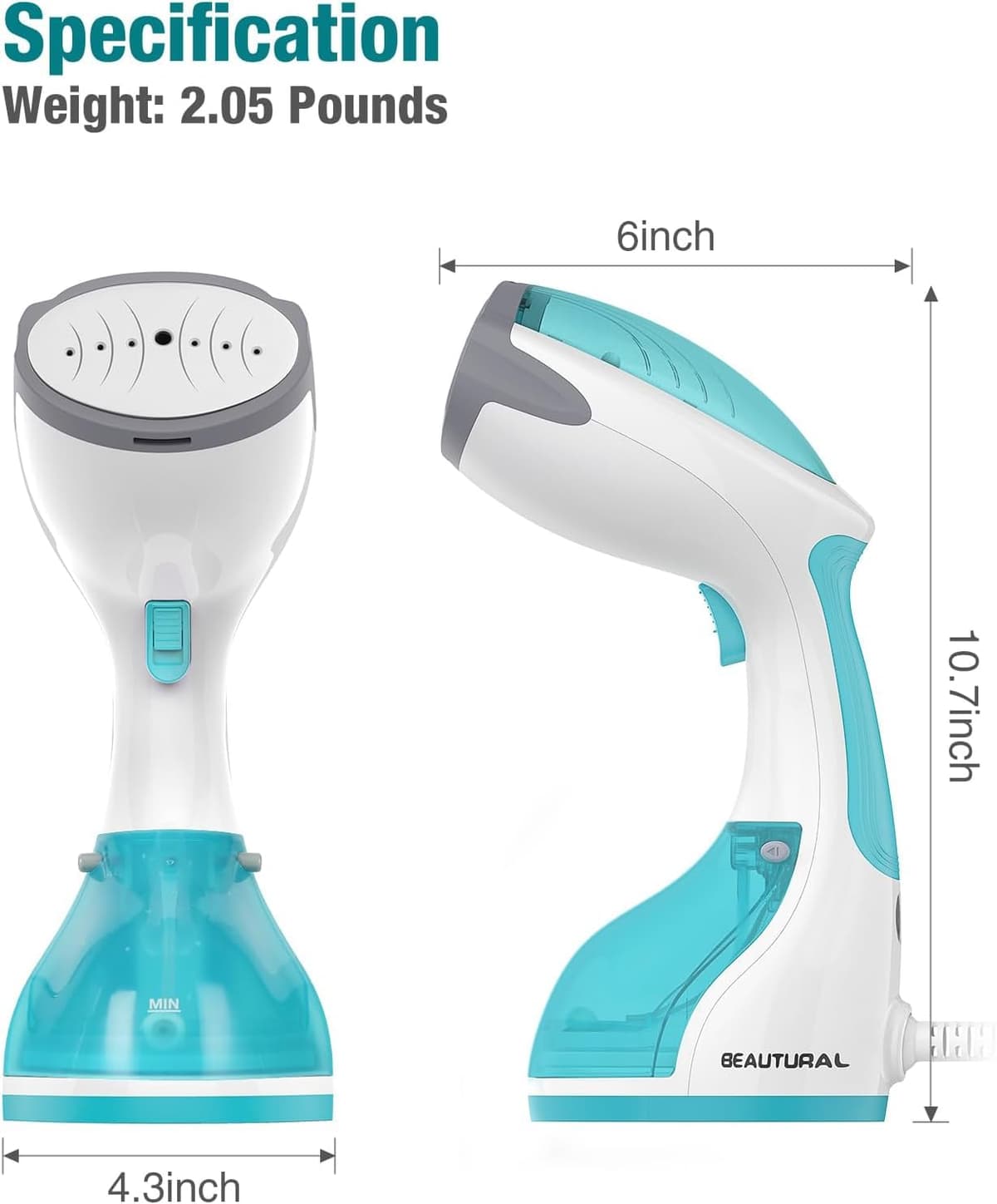 BEAUTURAL Clothes Steamer, Portable Handheld Steamer, Garment Fabric Wrinkles Remover, 30-Second Fast Heat-up, Auto-Off, Large Detachable Water Tank, Azul — view 7