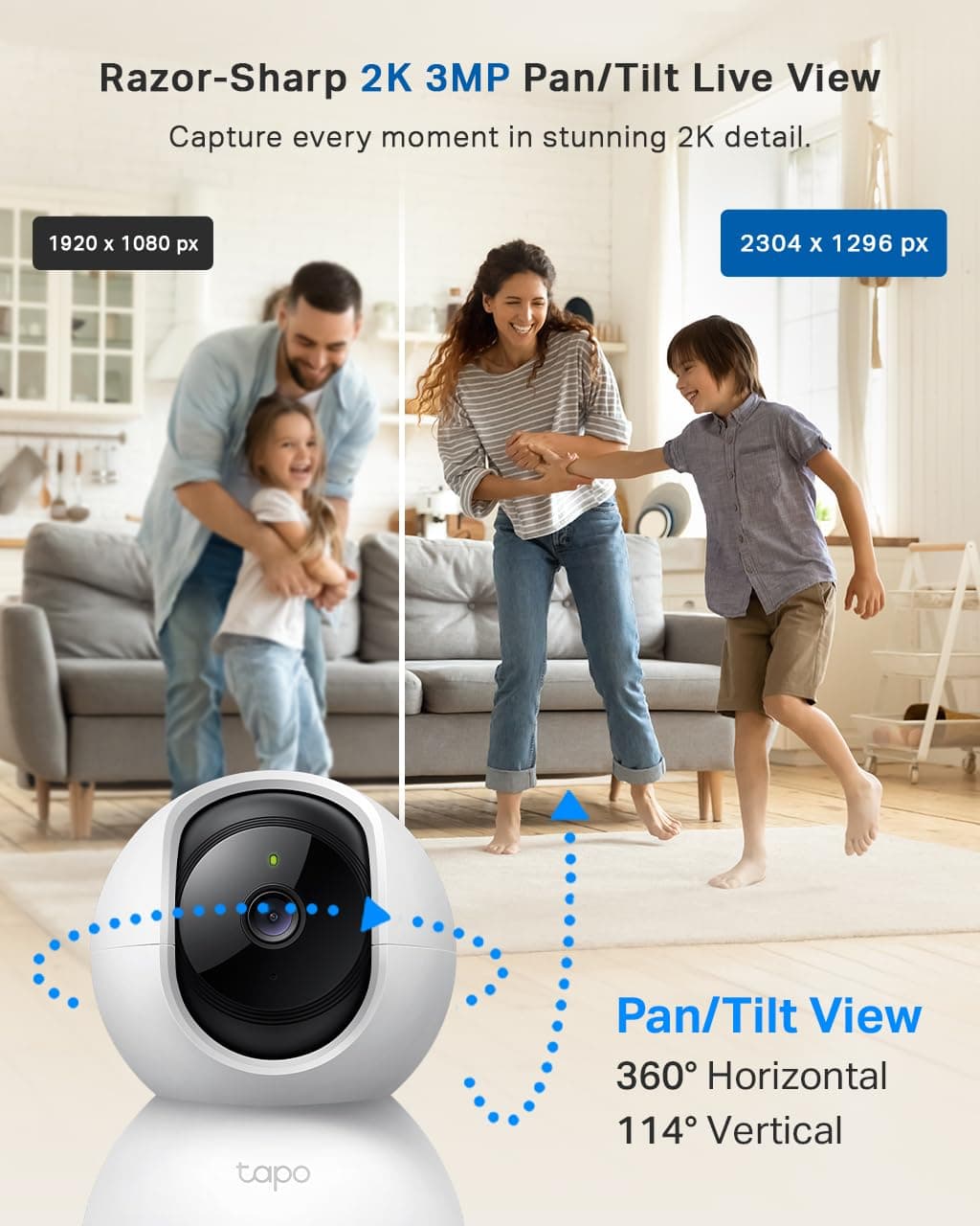 Tapo C210 2K 3MP Pan/Tilt Indoor Camera House Security Camera, WiFi Camera, No Monthly Fee, AI Detection, Dog Puppy Camera, Baby Camera Monitor, 360° View, Night Vision, Works with Alexa & Google — view 2