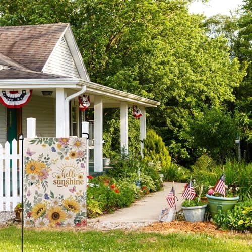 wyooxoo Spring Summer Hello Sunshine Garden Flag 12x18 Inch Double Sided Seasonal Floral Garden Flag Outside Burlap Farmhouse Small Yard Flag