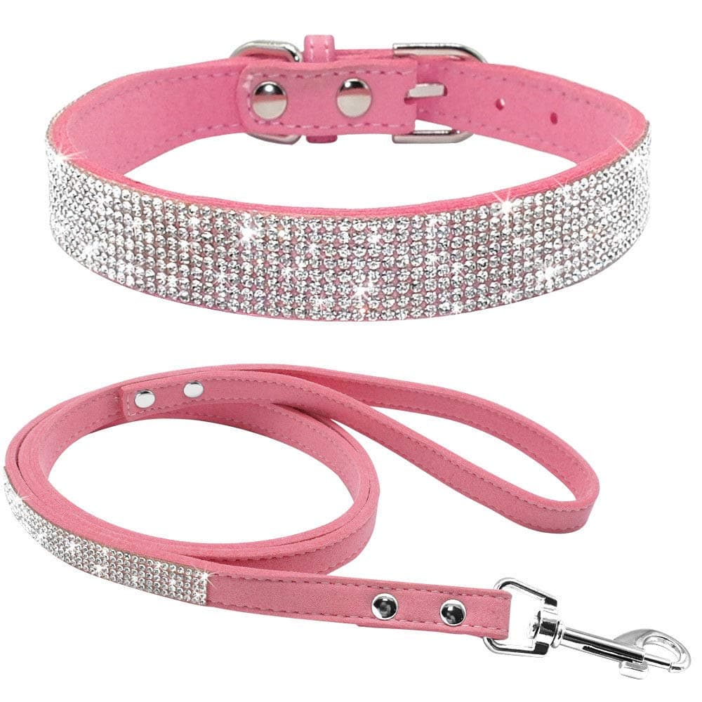 Cute Dazzling Sparkling Elegant Fancy Soft Suede Leather Bling Rhinestone Crystal Jeweled Pet Cat Dog Puppy Collar Dog Leash Combo Set (S, Black-2) — view 36