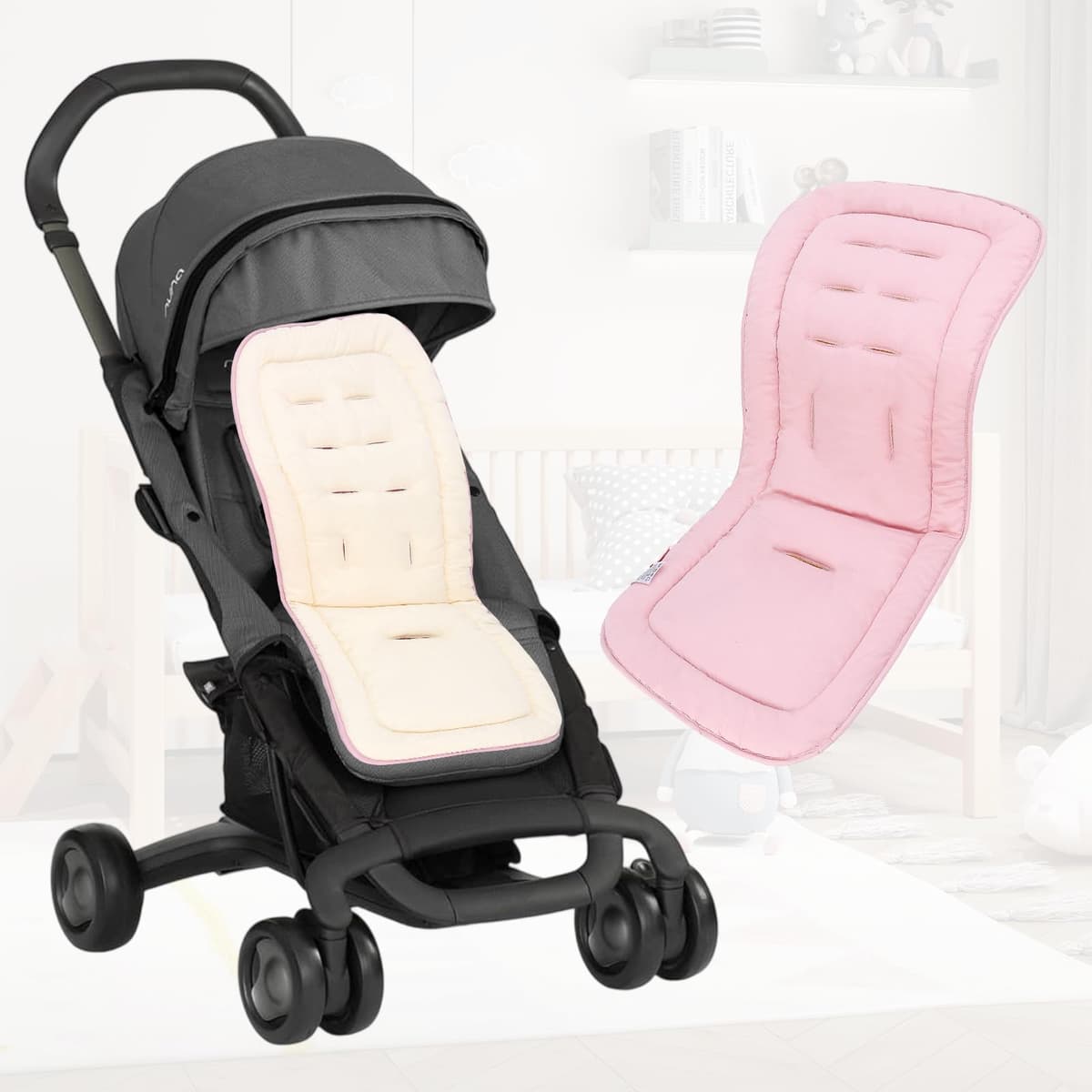 LAT Universal Pram Liner, Baby Pushchair Seat Liners, Cotton Double-Sided Use Baby Stroller Cushion Pad, Stroller Seat Pad for Toddler Infant 78x34cm (Beige+Pink) — view 3